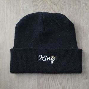 Black Knit Beanie with Embroidered 'King'
